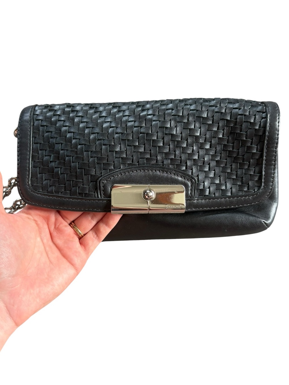 Coach Black Woven Leather Wristlet Clutch Wallet Chain Strap - Picture 3 of 10